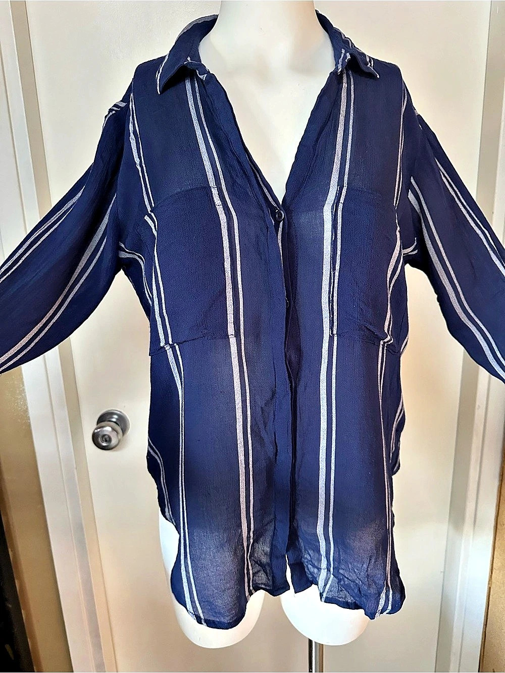 cloth & stone Striped Button-Down Shirt Sheer Top in Blue & White XS *Flawed